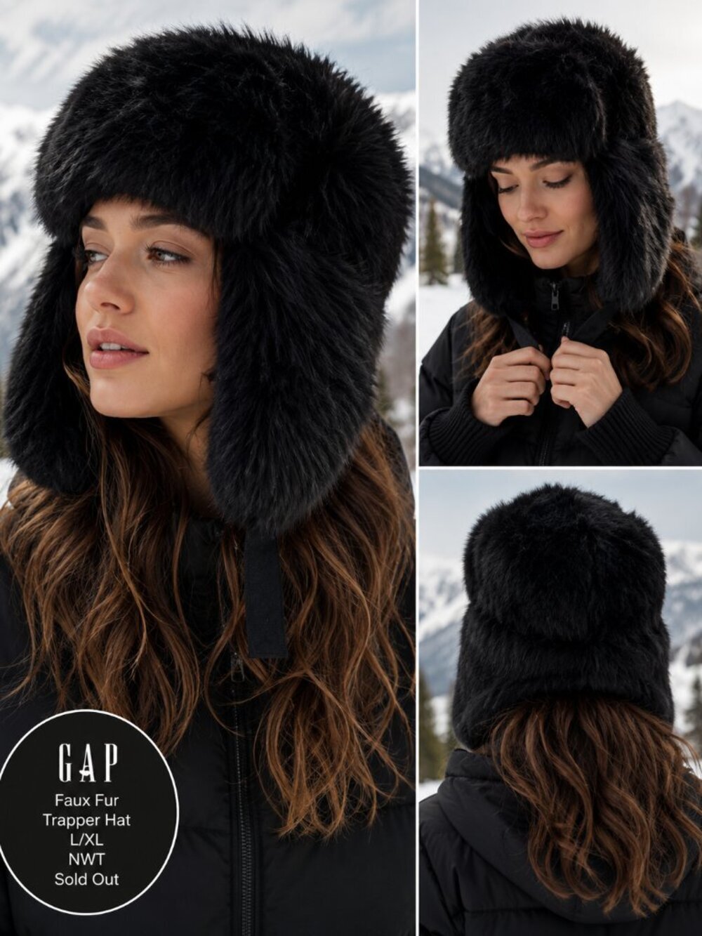 GAP Faux Fur Trapper Hat L/XL Black Aviator Winter Hat NWT Sold Out